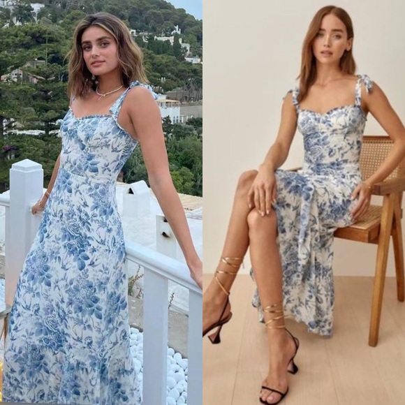 Reformation Dresses & Skirts - Reformation Nikita Ruffle Midi Dress Pompadour White & Blue Floral Print Size 0